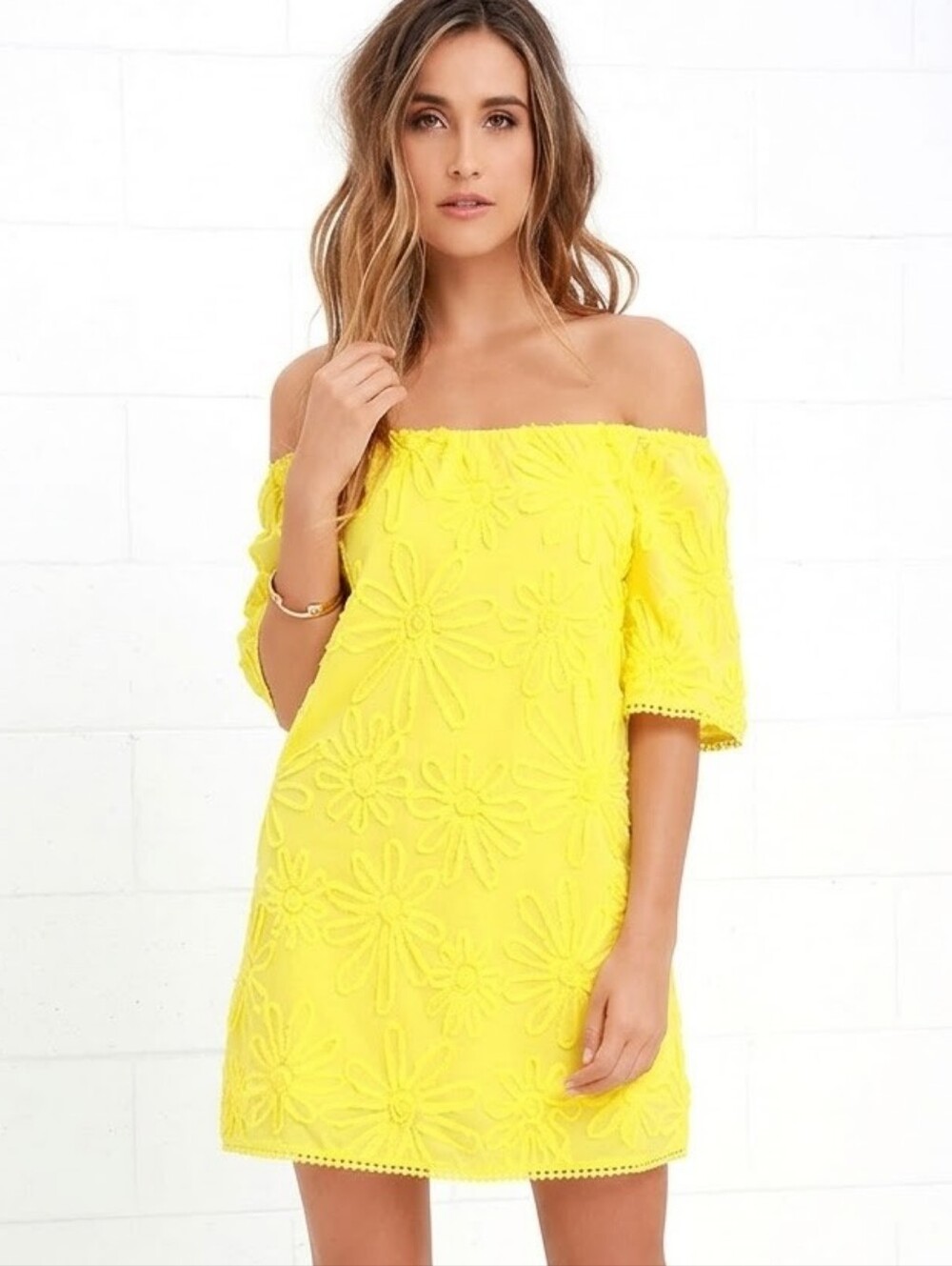 BB Dakota Bright Yellow Off-Shoulder Floral Mini-Dress
